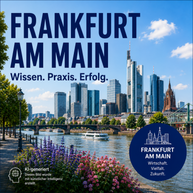 Standort Frankfurt am Main Stadtansicht von Frankfurt am Main mit Wolkenkratzern und dem Mainfluss.