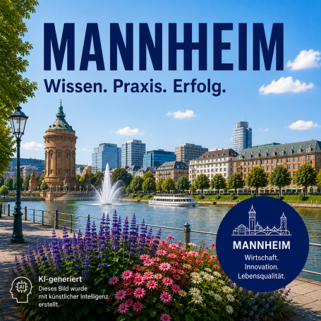 Seminare in Mannheim Mannheim mit Wasserfontäne, Blumen und historischer Architektur im Hintergrund.