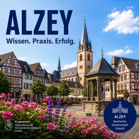 Seminare in Alzey Marktplatz in Alzey mit historischem Gebäude und Blumenbeeten. Text: "ALZEY Wissen. Praxis. Erfolg."