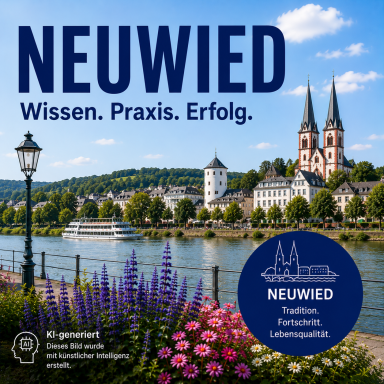 Standort Neuwied Stadtansicht von Neuwied mit Blumen, Kirchtürmen und historischer Architektur.