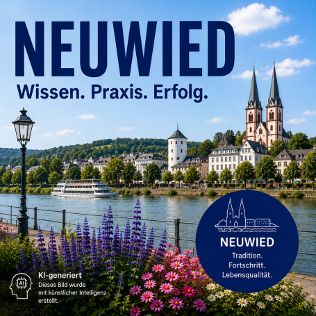 Seminare in Neuwied Neuwied: malerische Landschaft mit Fluss, Blumen und historischen Gebäuden.