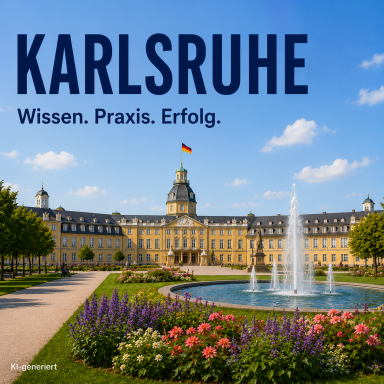 Standort Karlsruhe Das Schloss Karlsruhe mit Spruch "Wissen. Praxis. Erfolg." und einer Fahne.