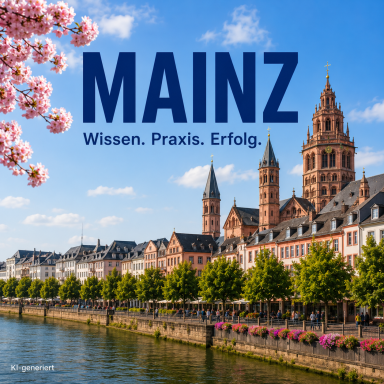 Standort Mainz Kleine pinke Blüten mit Blick auf die Altstadt von Mainz am Rhein.