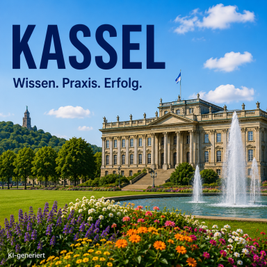 Standort Kassel Das historische Gebäude in Kassel mit Brunnen und Blumenbeeten.