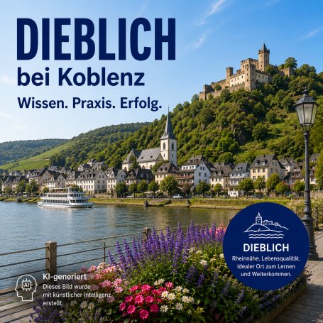 Seminare in Dieblich Blick auf die Mosel mit Blumen und Schloss über Koblenz. Text: "DIEBLICH bei Koblenz".