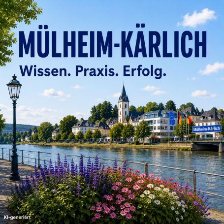 Flussansicht von Mülheim-Kärlich mit Stadtansicht und blühenden Blumen.