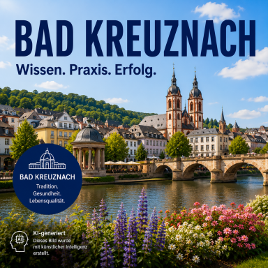 Standort Bad Kreuznach Stadtansicht von Bad Kreuznach mit Brücke und historischen Gebäuden, blühenden Blumen.