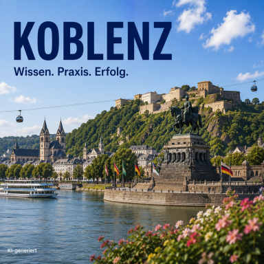 Standort Koblenz Panoramablick auf Koblenz mit Festung Ehrenbreitstein und Rheinpromenade.