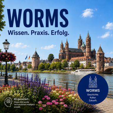 Standort Worms Blick auf Worms mit markantem Dom und historischer Architektur im Vordergrund.